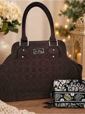 Vera Bradley Chocolate Brown Quilted Satchel with Floral Wristlet